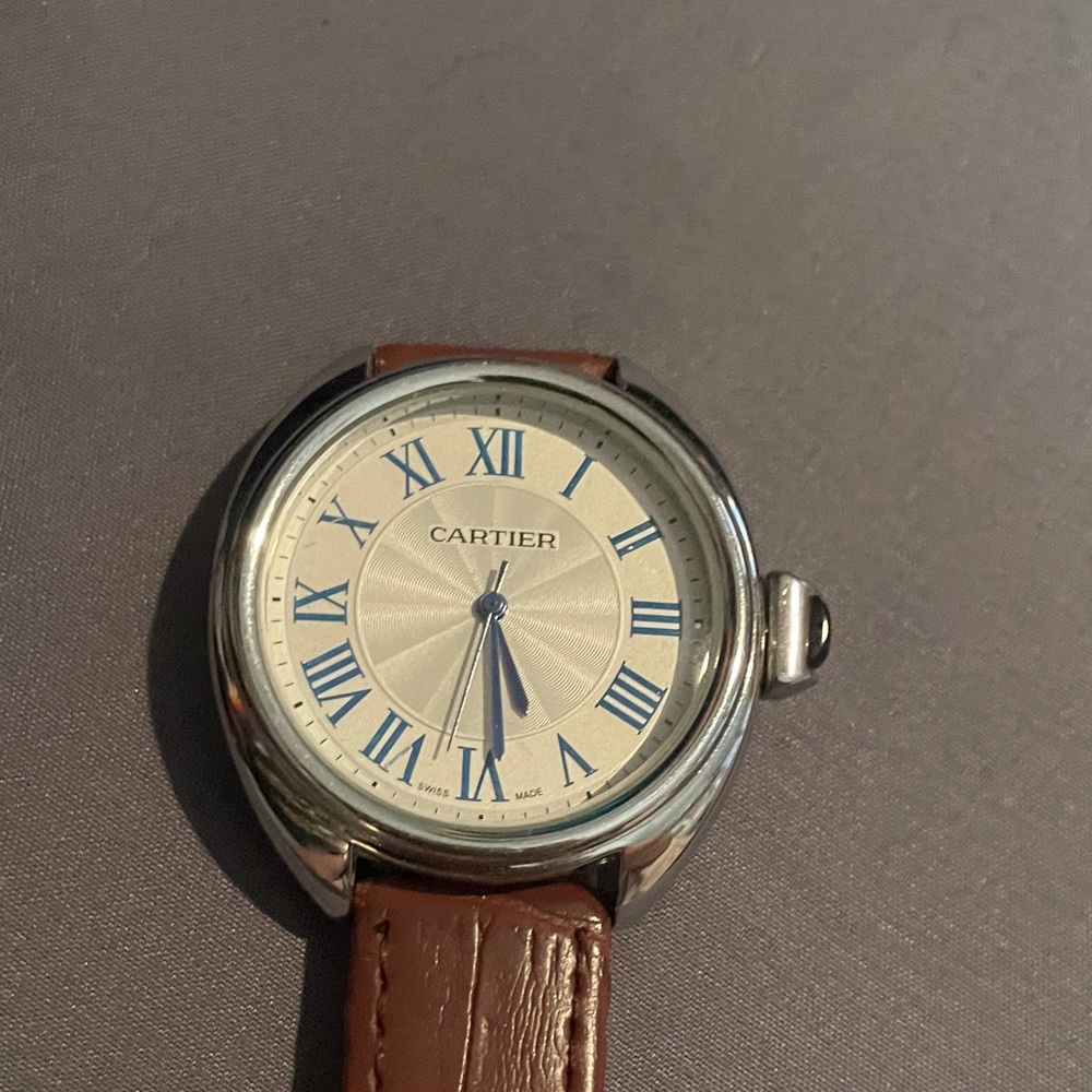 Cartier Men's Silver Watch with Brown Strap